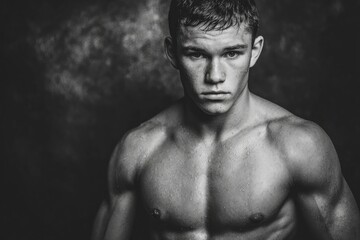 Fototapeta premium BW shot of a shirtless muscular man with wet skin against a dark textured background