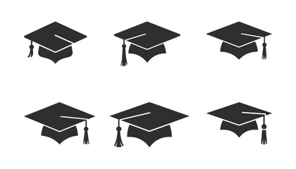 Graduation Cap Icons, Black Silhouette Vector Illustration.
