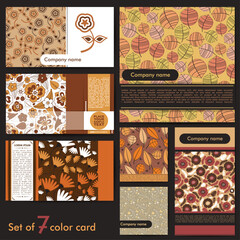 Set of 7 colorful floral and leaf-themed vector cards in warm autumn tones. Abstract decorative templates for invitations, branding, packaging, or seasonal greetings.