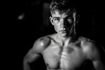 Fototapeta premium BW portrait muscular man head shoulders intense gaze slicked hair sweaty skin dark background