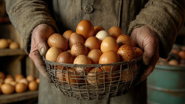 Hands holding a wire basket filled with various eggs