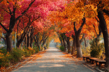 Naklejka premium Vibrant autumn tree tunnel path with bench and falling leaves