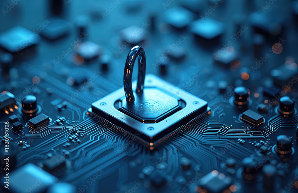 Poster digital circuit board with padlock tech security, protection. intricate microchip design underscores