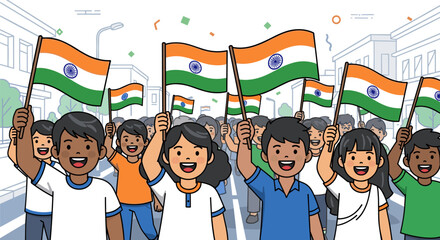 Diverse group of happy children celebrating India's Independence Day with national flags waving proudly in a festive parade.