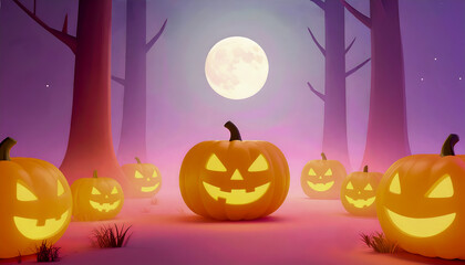 Cute Halloween Pumpkins in Spooky Forest at Night