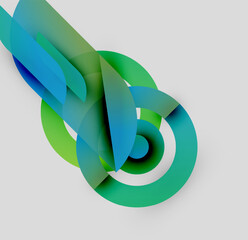 Abstract design features flowing ribbons, vibrant blues, greens. Circular elements create dynamic visual impact, modern aesthetic.