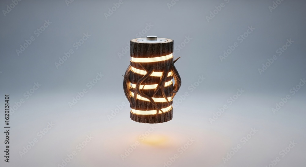 Poster conceptual rendering of a tree bark battery with exposed roots hovering.