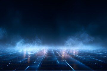 Dark blue background with a glowing light grid, fog, and smoke on the floor. Abstract technology or digital space for product presentation.