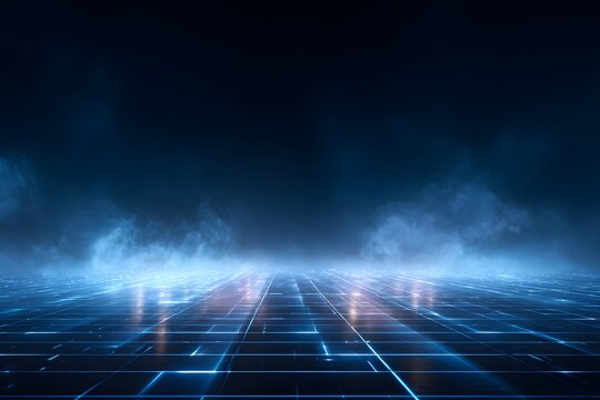 Dark blue background with a glowing light grid, fog, and smoke on the floor. Abstract technology or digital space for product presentation.