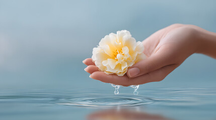 Hand holding a flower gently floating above water. Peaceful concept of letting go, healing, or farewell in soft pastel light.