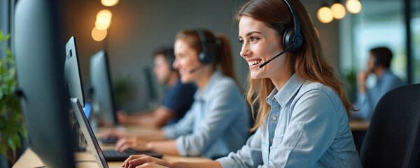 Fototapeta na wymiar Smiling call center agent wears headset talking to client, customer service operator uses laptop for telemarketing. Pro woman works in tech support office, provides communication assistance.