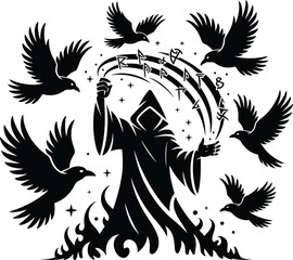 Obraz premium Silhouette of a robed figure casting runes with crows flying around wizard sorcerer