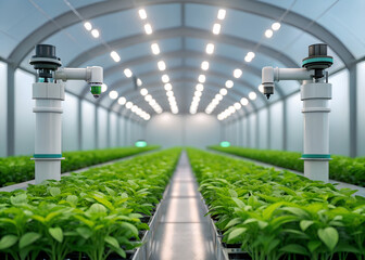 Futuristic greenhouse with rows of young plants and automated robotic arms agriculture
