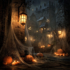 Old castle, pumpkins, lanterns and candles