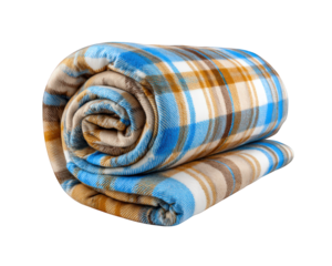 Rolled plaid flannel fabric featuring blue brown and white checkered pattern soft texture cozy and warm ideal for home decor bedding or crafts projects