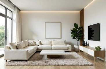 A cozy, minimalist living room featuring soft cream furniture, plant in large ceramic vases and panoramic window,picture and tv