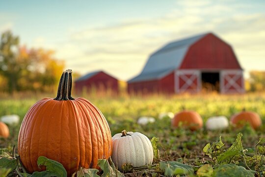 Pumpkins and white pumpkins in front of a red barn on a farm with a sunset sky, a fall harvest time background.