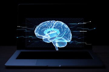 Modern digital brain interface on laptop screen for futuristic technology concepts and medical innovation