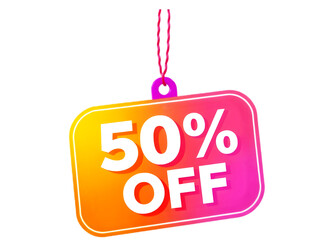 Vibrant and Clear: Discover This New 50% Off Discount Tag in Pink and Yellow, Seamlessly Integrated on a Transparent Background for Versatile Use. Simple tag design.