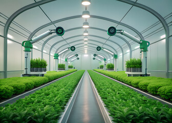 Automated greenhouse with robotic arms and vast rows of green plants agriculture automation