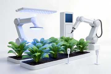 Futuristic indoor farm with robotic arms and LED grow lights tending plants agriculture