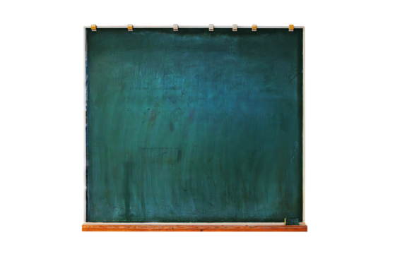Empty chalkboard isolated on transparent background. Vintage green blackboard with wood ledge and faded chalk marks cutout without background.