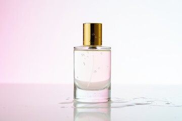 Elegant perfume bottle with gold cap on pink background for beauty and fashion advertising