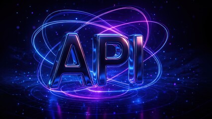 A metalic api text floats surrounded by digital data and lines, symbolizes application programming interface with futuristic api programming interaction