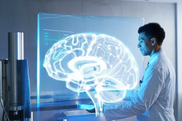 Innovative medical professional analyzing futuristic brain scan for neurological research and healthcare solutions