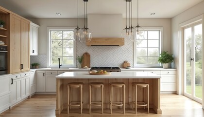 Modern farmhouse kitchen features light wood island, white cabinets, large windows with serene nature view. Airy, bright space with elegant design, warm inviting ambiance, perfect for cooking,