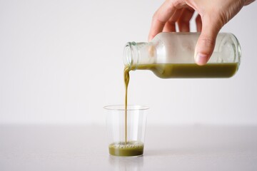 Pouring nutritious green juice from glass bottle into clear cup for healthy lifestyle, wellness concept