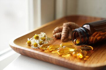 Promote wellness with beautiful turmeric capsules and chamomile on a wooden serving tray today