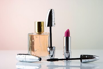 Elegant perfume bottle, vibrant lipstick, and mascara set for a modern beauty routine glow