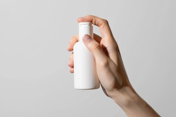 Elegant hand presents blank white bottle perfect for skincare or beauty product mockups today