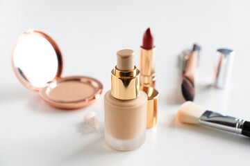 Elegant beauty essentials for a perfect complexion and vibrant lip color on a clean bright background