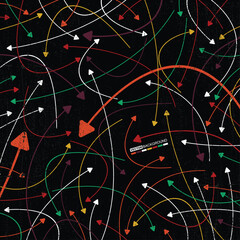 Abstract vector background with dynamic multicolored arrows and chaotic lines on black textured surface. Concept of data flow, technology, movement, or communication.