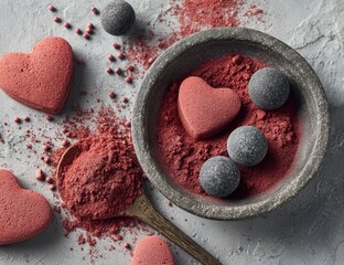 Heart-shaped treats, dark stones, and red powder in a bowl
