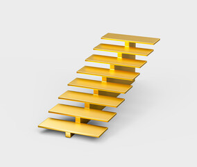 Golden staircase with a modern design, featuring sleek and smooth surface. 3D Illustration