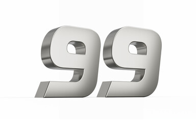 3d Silver number 99 Ninety nine sleek metallic look isolated on white background, 3d illustration