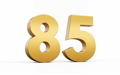 3D Golden number 85 Eighty five isolated on white background, 3d illustration