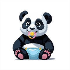 A charming illustration of a baby panda, radiating innocence, seated with a pacifier and diaper, captures the playful essence of childhood.