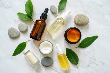 Luxurious skincare product assortment on marble background for a spa-like beauty routine appeal