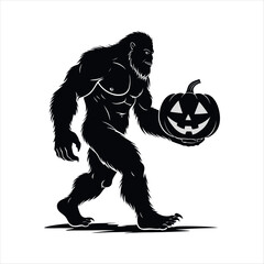 A black silhouette of a Bigfoot figure strides confidently while bearing a carved pumpkin, blending seasonal festivity with the mythical allure. 