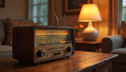 Vintage shortwave radio receiver sits on wooden table in retro living room. Warm lighting creates nostalgic, cosy atmosphere. Classic audio technology piece evokes history, comfort with timeless