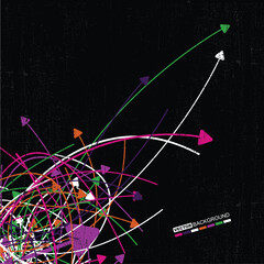 Abstract vector background with dynamic multicolored arrows and chaotic lines on black textured surface. Concept of data flow, technology, movement, or communication.