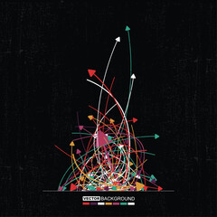 Abstract vector background with dynamic multicolored arrows and chaotic lines on black textured surface. Concept of data flow, technology, movement, or communication.