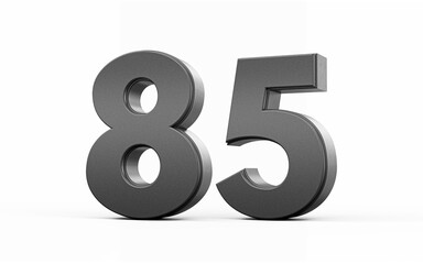Sleek metallic Black number 85 Eighty five standing on a white background, 3d illustration