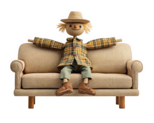 Scarecrow doll with straw hat, plaid shirt, and green pants sitting on beige wooden bench sofa, cheerful and whimsical, cozy home decor accent