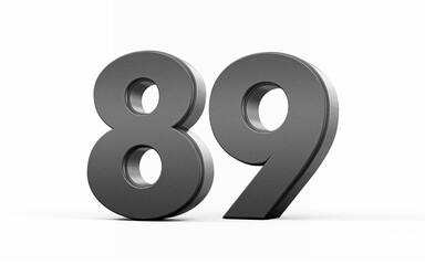 Sleek metallic Black number 89 Eighty nine standing on a white background, 3d illustration