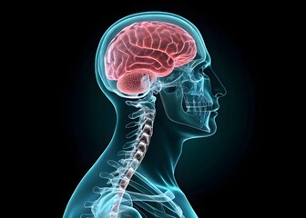 3D Medical Illustration of Human Brain and Spine Anatomy in Transparent Side View